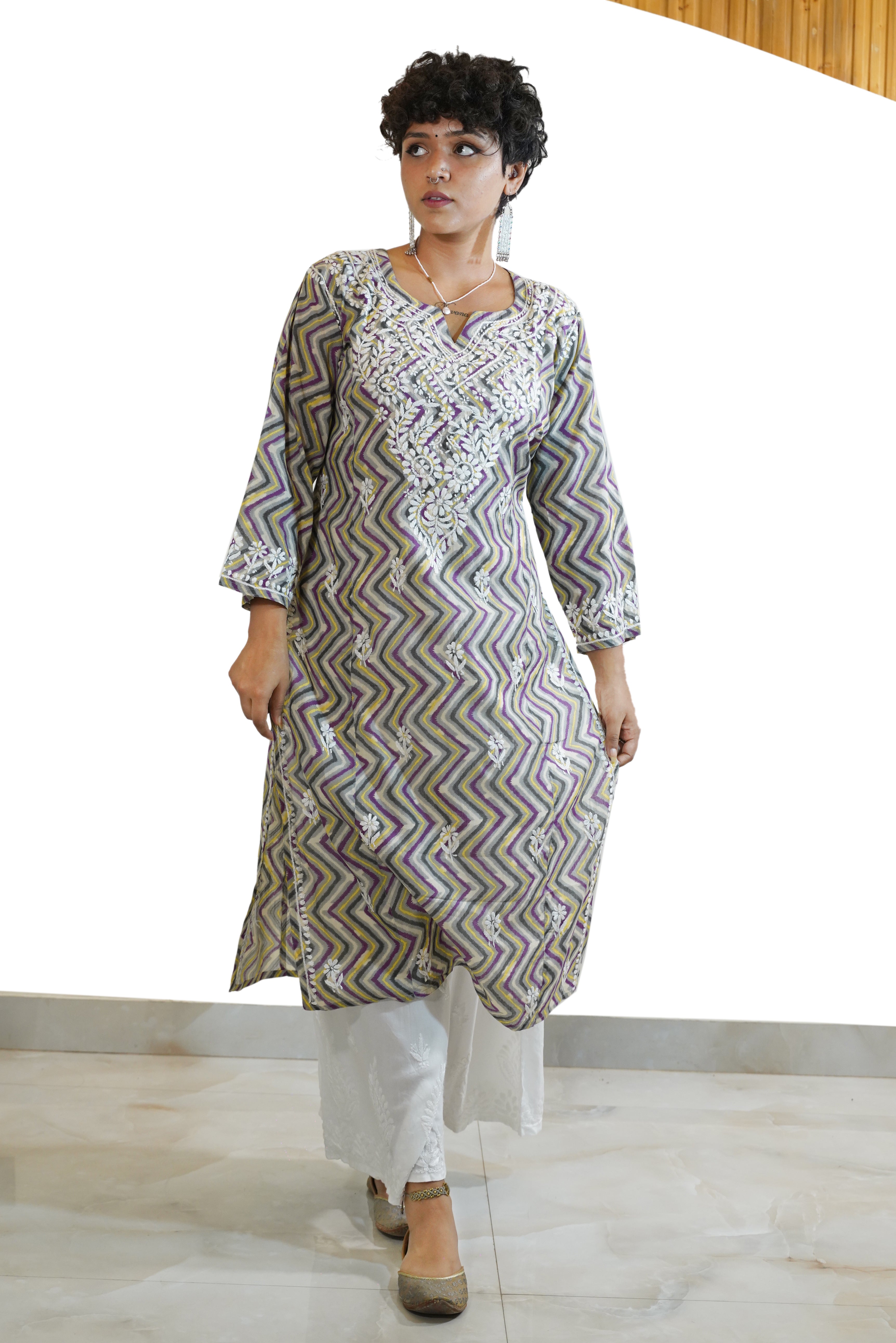 FINE COTTON MULTICOLOUR LEHERIYA PRINT WITH CHIKANKARI WORK