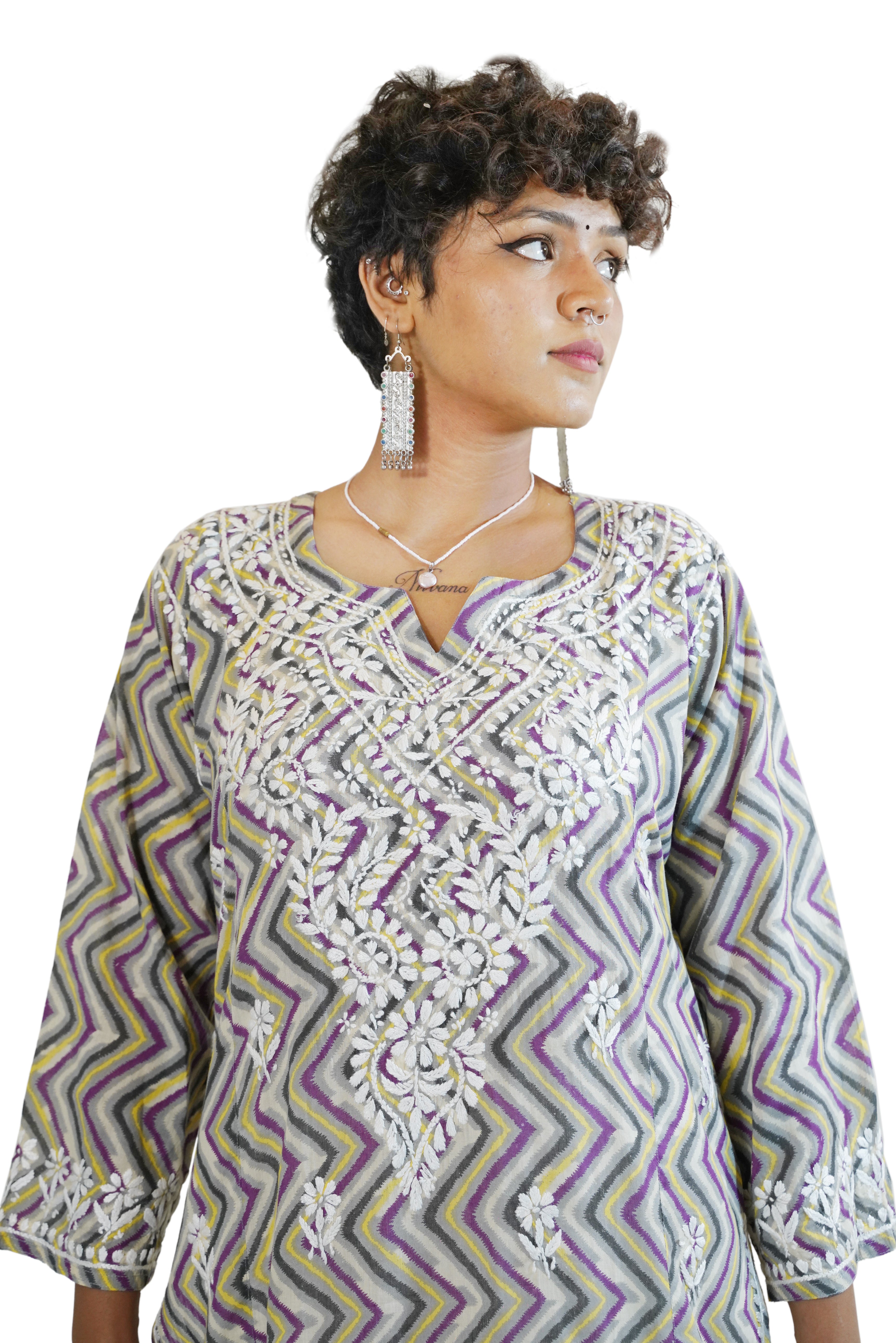 FINE COTTON MULTICOLOUR LEHERIYA PRINT WITH CHIKANKARI WORK