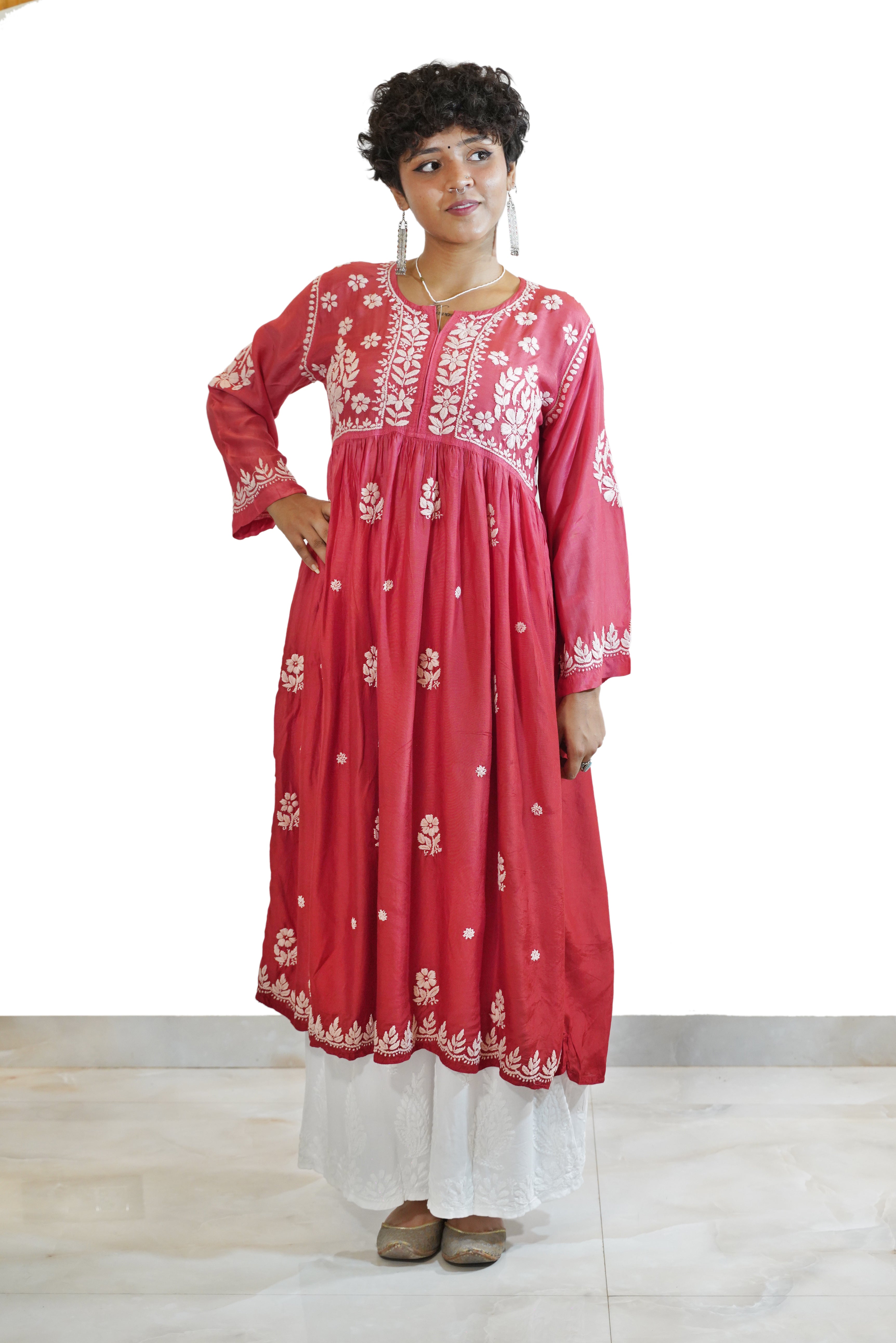 Red Ombre Satin Rayon Frock Style Kurti