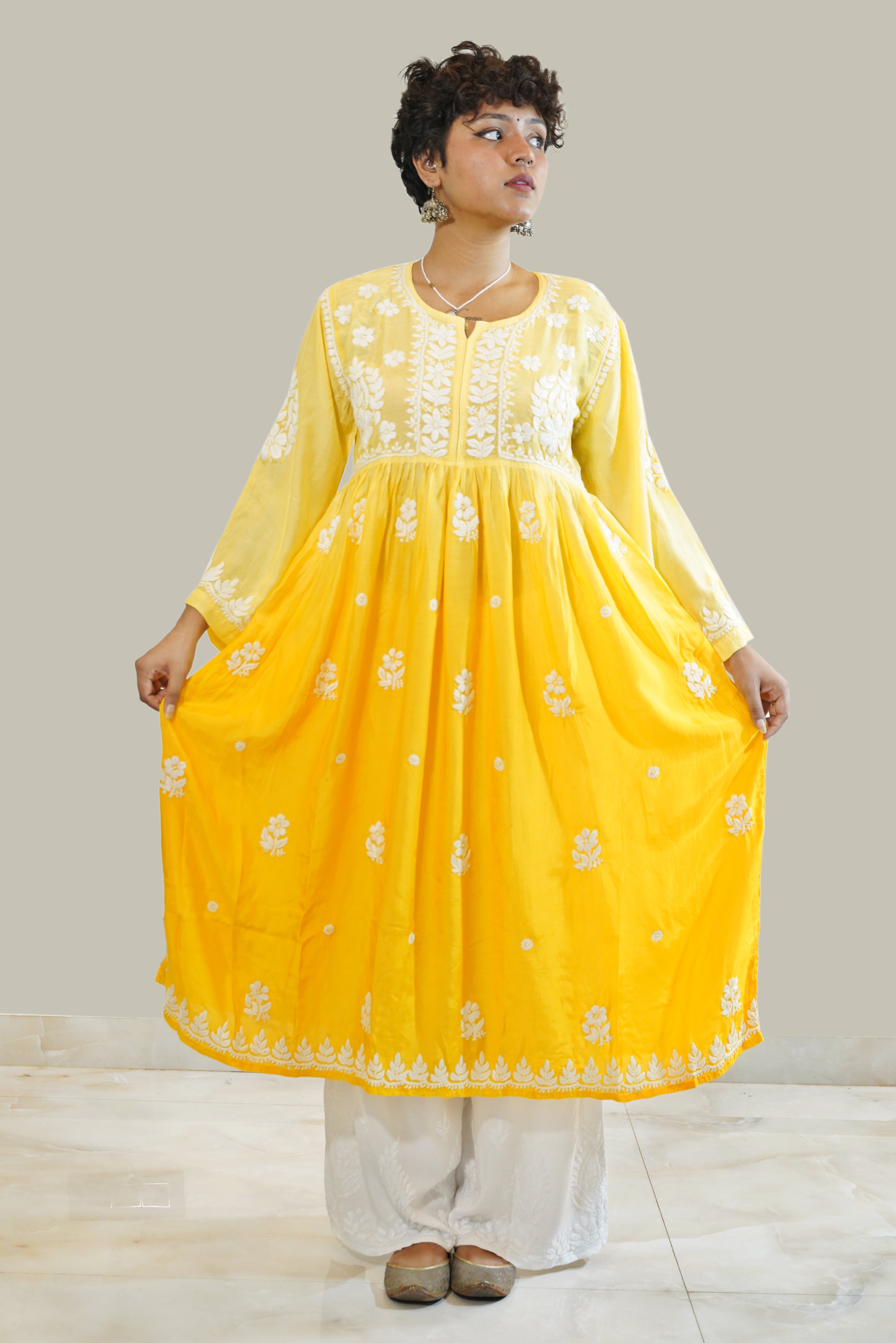 OMBRE YELLOW COLOUR SATIN RAYON FROCK KURTI – Viharrni
