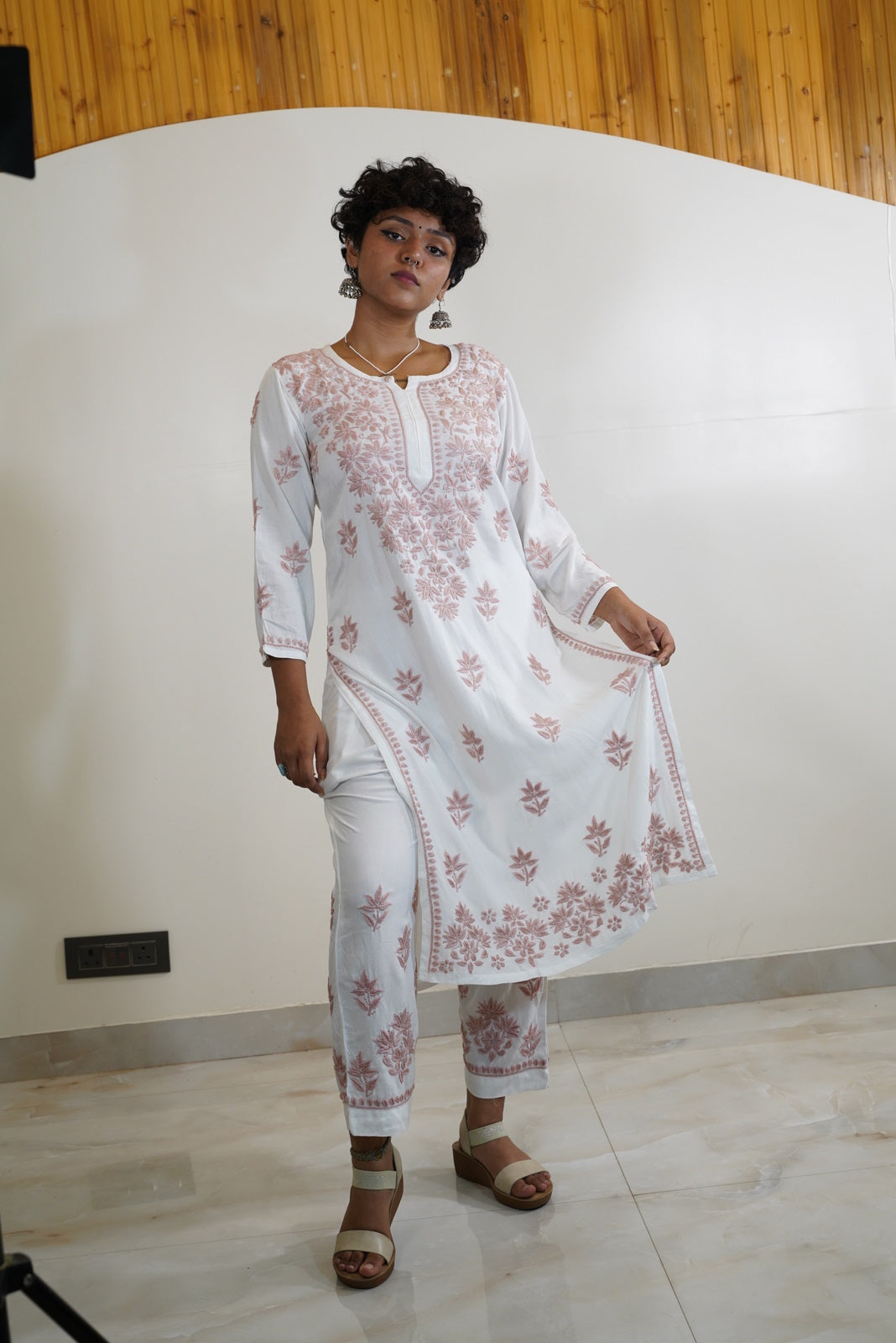 WHITE RAYON SUIT WITH PINKTHREAD CHIKANKARE WORK