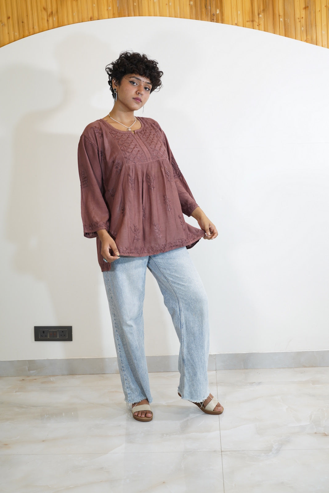 CHOCOLATE BROWN MUSLIN SHORT KURTI