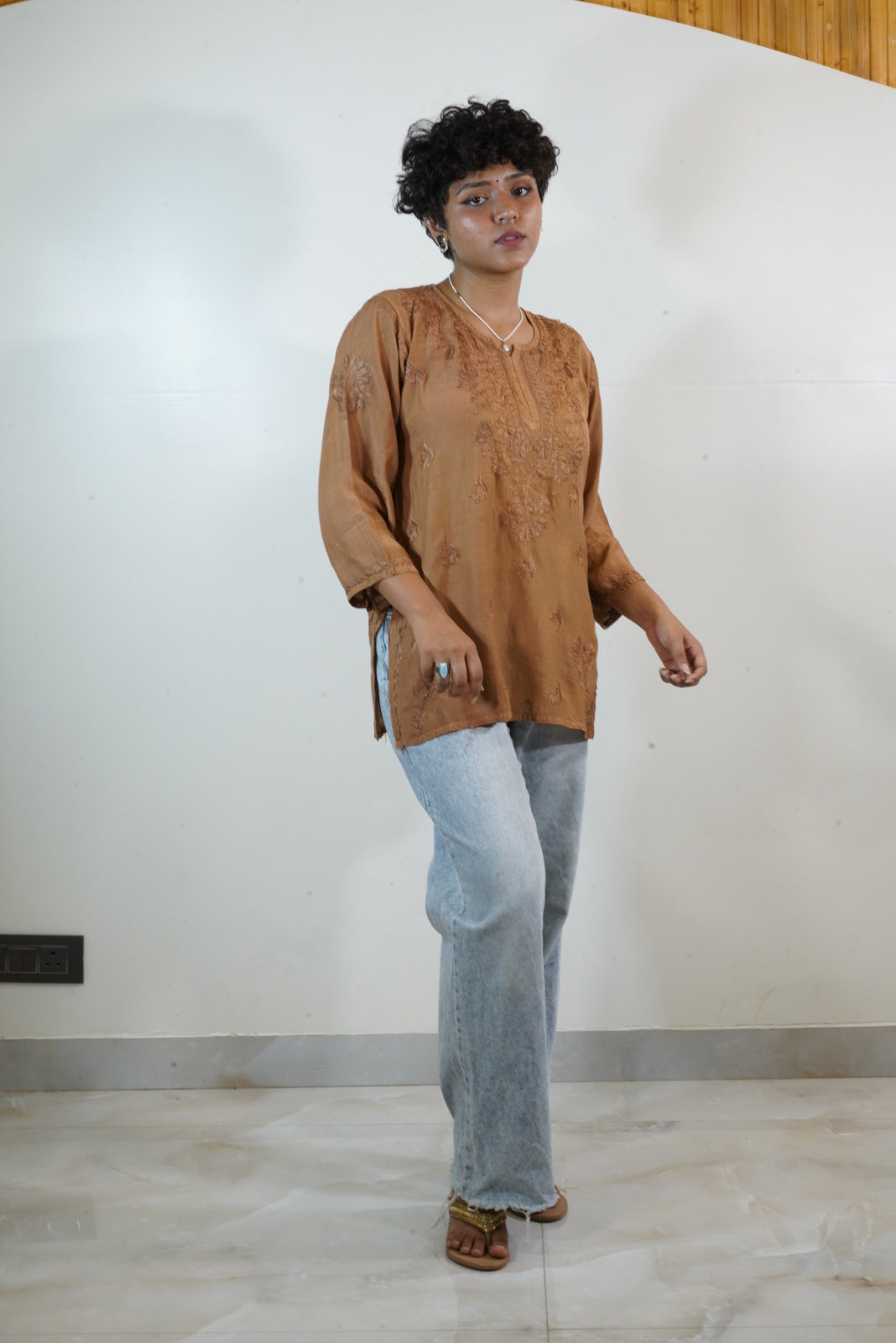 Muslin Short Kurti in Light Brown Colour